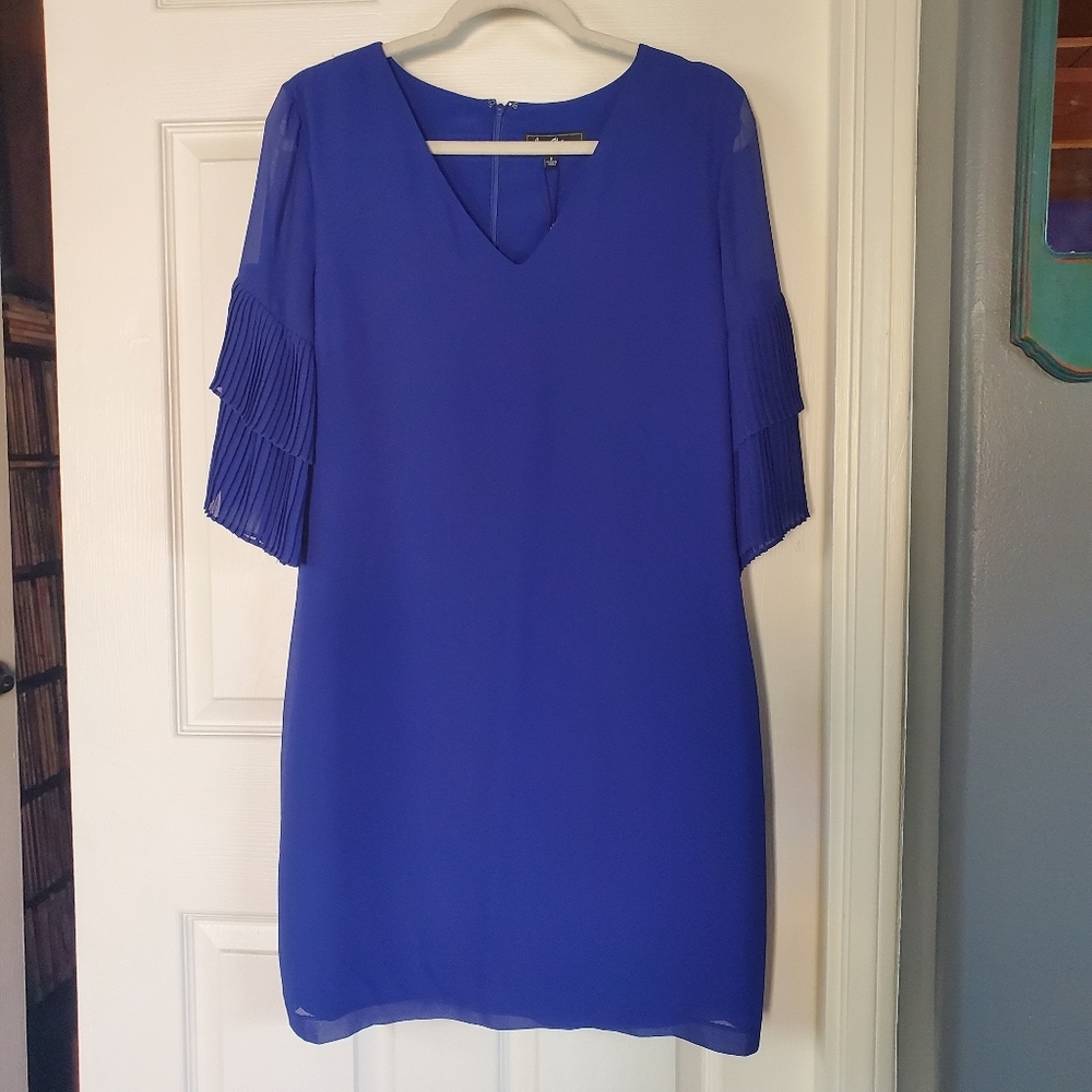 San Edelman Chiffon Blue Dress Flowy Pleated Sleeves Formal Office Formal Career